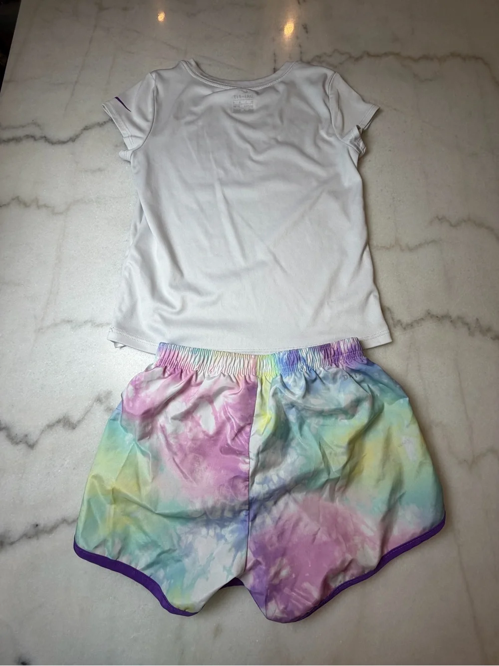 Nike White Dri-FIT Top with Pastel Rainbow Tie-Dye Waistband